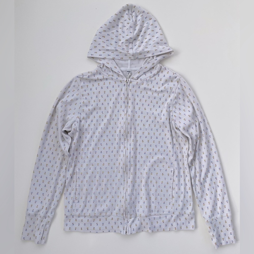 Uniqlo Women's Cream Ditsy Floral Spring Time Full Zip Hoodie Size XL
